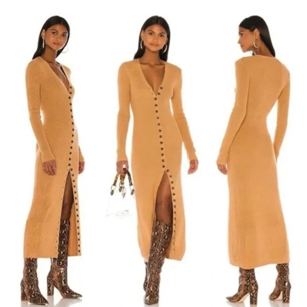 EUC LPA Kavala Rib Knit Button Front Maxi Dress Tan Wool Blend Size M Date Night